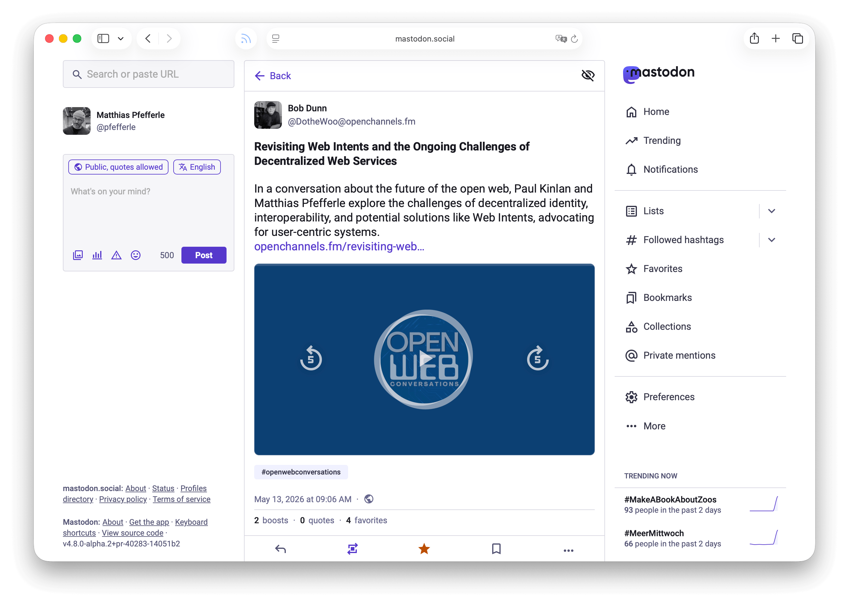 A screenshot of a WordPress hosted Podcast Episode on Mastodon.